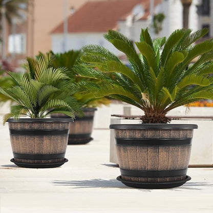 Quarut Large Plastic 3 Pack16 inch Plant Pots,Whiskey Barrel Planters with Drainage Holes & Saucer.Flower Pots Imitation Wine Barrel Design for Indoor & Outdoor Garden Balcony Plants.7 Gallons(Brown)