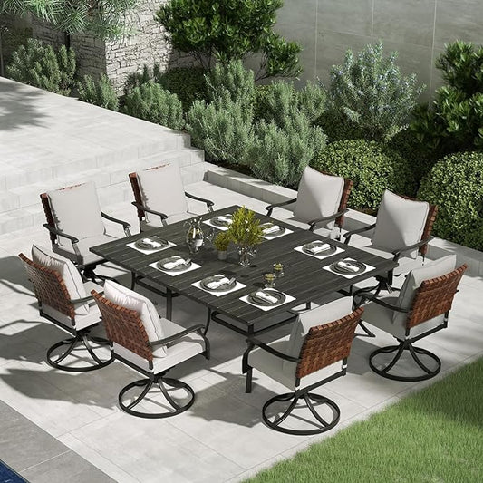 Grand patio 10-Piece Outdoor Dining Set, 8 Leather-Look Wicker Swivel Patio Chairs & 2 Rectangular Dining Table, Black