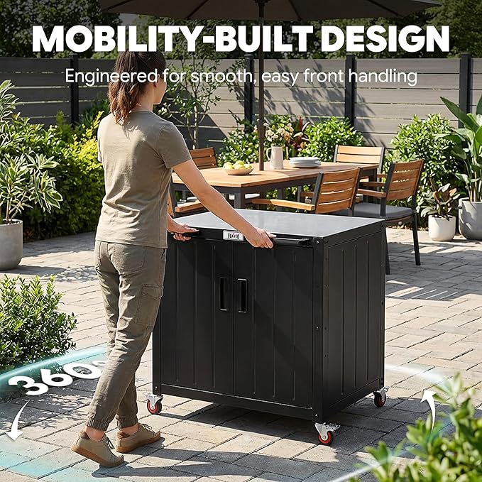 Outdoor Grill Cart with Storage Cabinet and Stainless Steel Top, 35-Inch Outdoor Grill Station with Door, Modular Kitchen Island for Food Prep and BBQ, Black & Silver