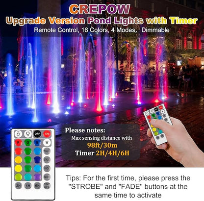 RGB Pond Lights with Timer, LED Underwater Submersible Colorful Landscape Spotlights, 98ft Remote Control IP68 Waterproof Fountain Lights for Fish Aquarium Tank Garden Yard Pool (Set of 6)