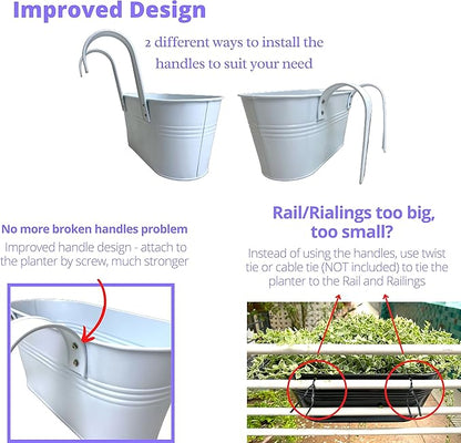 LaLaGreen Outdoor Rail Planter (2 Pack, 11.8 Inch) Metal Iron Hanging Flower Pot Deck Railings White Fence Bucket Modern Countryside Boho Style Wall Mount Window Box Plant Holder Hooks Porch Decor