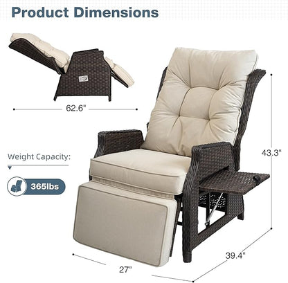 Outdoor Indoor Wicker Recliner with Adjustable Back and Footrest, Patio Reclining Chair with Flip-up Table, Outdoor Rattan Lounge Chair, Beige 2PCS