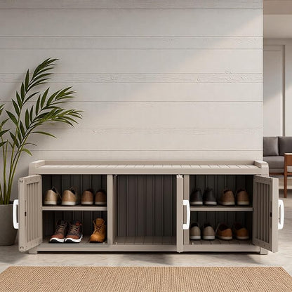 3 Doors Shoe Bench, Waterproof & UV-Resistant, Resin Shoe Cabinet Indoor & Outdoor Use, Entryway Bench with Adjustable Shelves & Hidden Storage Space for Bedroom, Hallway, Grey