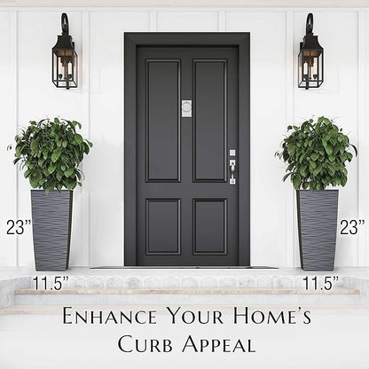 Mueller Janska M-Resin Heavy Duty Tall Planter, Indoor/Outdoor Grande Plant, Tree, Flower Pot, 2-Piece Set, 24”, Modern Design, Built-in Drainage, Dark Gray