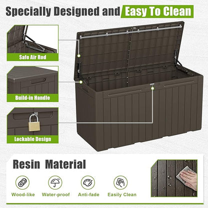 Flamaker Resin Deck Box 100 Gallon Large Lockable Outdoor Storage Box Waterproof for Patio Cushions, Tools, Pool Accessories (Deep Brown)