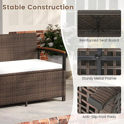 Tangkula 46 Gallon Outdoor Bench with Storage, Outdoor PE Rattan Storage Bench with Cushion, Backrest & Acacia Wood Armrests, Metal Frame, Waterproof Deck Box Seat for Porch Backyard Poolside