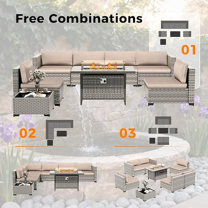 12-Seat Modern Outdoor Wicker Rattan Patio Furniture Set with 55,000 BTU Fire Pit Table, Thick 4″ Cushions, All-Weather Dual-Strand Rattan, Rust-Resistant Steel Frame,Beige