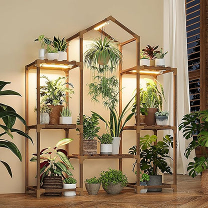 Bamworld Plant Stand Indoor with Grow Lights Wood Plant Shelf for Hanging Planter Pots Display Flower Stand for Living Room Patio Garden Decor