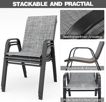 Patio Chairs Set of 4, Stackable Outdoor Dining Chairs for All Weather Textilene Fabric & Metal Frame, Outdoor Chairs Set for Backyard Deck Garden (Grey, Set of 4)