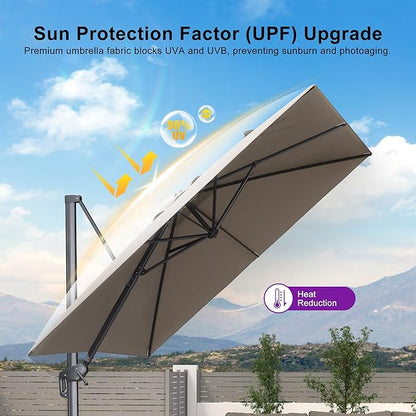PURPLE LEAF 10 FT Outdoor Umbrella with Base Patio Cantilever Aluminum Umbrella with 3 Years Fade Resistance Recycled Fabric Offset Square with 360-degree Rotation for Deck Pool Garden, Ash Mocha