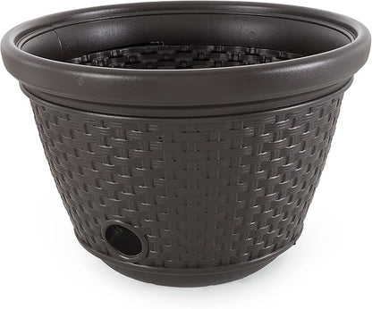 Suncast 4 Pack Wicker Hose Pot, Decorative Resin Garden Hose Storage, 100ft 5/8in Standard Vinyl Hose Capacity with 4 Drain Holes, 18in x 12in, Java