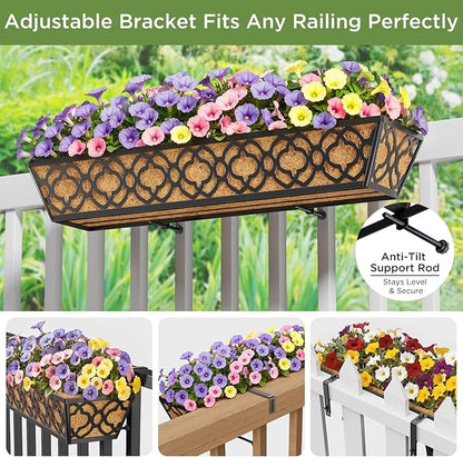 Y&M 30 Inch Window Deck with Coco Liner, Fence Metal Hanging Flower Planter Window Basket Deck Railing Planter Boxes for Outdoor Garden Lawn,6pcs