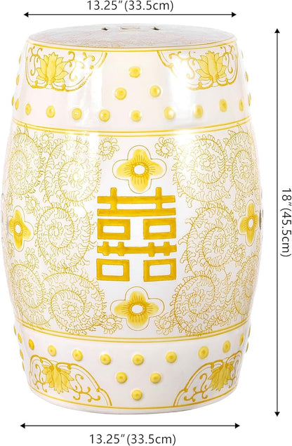 JONATHAN Y TBL1013B Double Happiness 18" Chinoiserie Ceramic Drum Indoor/Outdoor Garden Stool Bohemian, Coastal, Classic, Cottage,Traditional, Patio, Garden, Bathroom, Living Room, Yellow/White