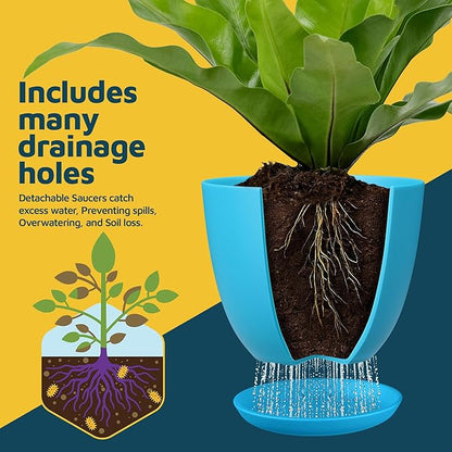 Blue Plant Pots with Drainage Holes & Saucers 15 Pack, Indoor & Outdoor Stackable Space-Saving Planters for Houseplants & Flowers, (7", 6.7", 6", 5.3", and 4.8" Inches), Durable & Weatherproof