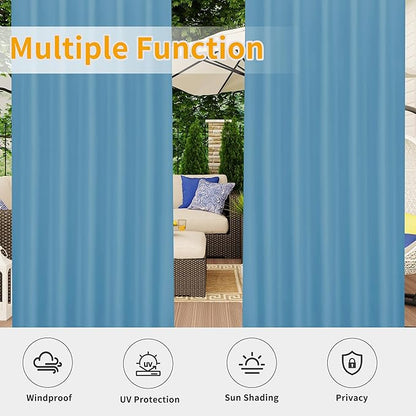 Easy-Going Outdoor Patio Curtains Detachable Tab Top Windproof Weatherproof Curtain for Cabana, Porch, Pergola and Gazebo, Tab Bottom Drape, 2 Panels, 54W x 84L inch, Sky Blue