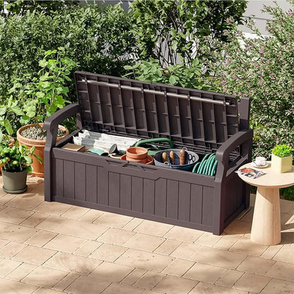 Patiowell 75 Gallon Plastic Storage Bench, Water-Resistant Deck Box for Patio Furniture, Garden Tools, Pool Storage and Outdoor Cushions, Brown