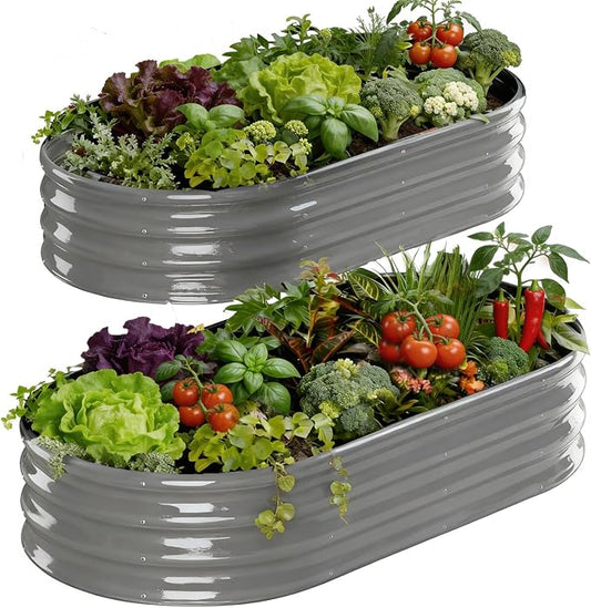 Raised Garden Bed Outdoor 2 Sets Oval Large Coating Metal Planter Box with No Heavy Metal for Vegetables, Flowers, Herbs