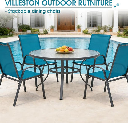 Outdoor Stackable Chairs Set of 4, Stacking Patio Chairs with Textilene Fabric, Outside Furniture for Garden Backyard Balconie Poolside Deck, Blue