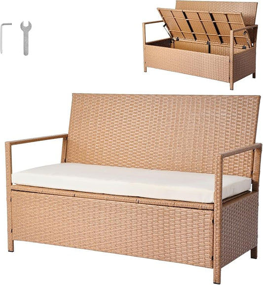 VEVOR Outdoor Storage Bench, 2-Person PE Rattan Storage Bench, 70 Gal Deck Box with Cushion, Supports up to 265 lbs, Weatherproof Outdoor Seating & Porch Decor for Patio Garden Balcony Yard