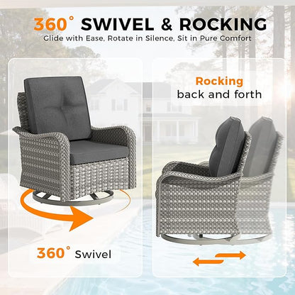 10-Seat Outdoor Wicker Patio Furniture Set with Fire Pit Table, Modular Rattan Sectional Sofa & 2 Swivel Rocking Chairs, 4" Thick Cushions, Rust-Resistant Frame,Black