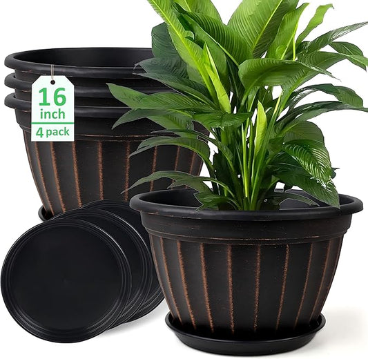 FGstyle 4 Pack 16 inch Plant Pots, Retro Vertical Stripe Planters with Drainage Holes and Saucer, Sturdy Plastic Garden Flower Pots for Indoor & Outdoor Plants(Black)