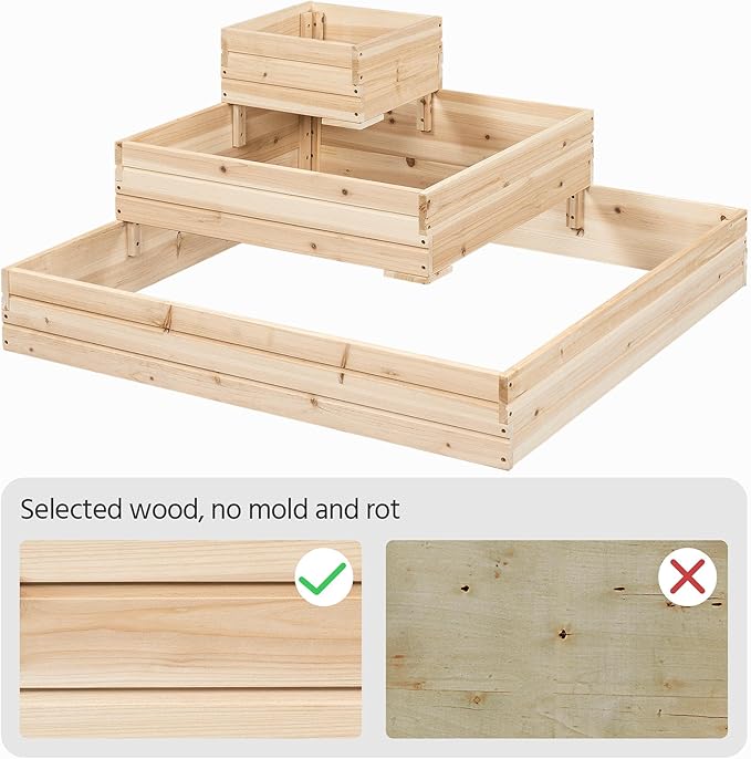 Yaheetech 3 Tier Wooden Raised Garden Bed 44.5'' L×44.5″ W×20.5″ H, 2 PCS Horticulture Open-Bottom Planter Raised Garden Bed for Flowers/Herbs/Vegetables Planter Flower Box