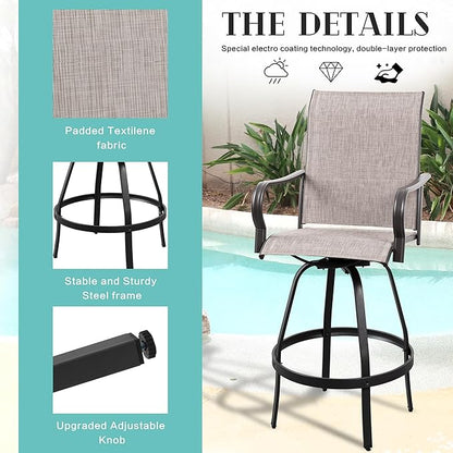 Vongrasig 3 Piece Patio Swivel Bar Set, All Weather Mental Textilene High Swivel Stools Chair Set of 2 and Glass Bar Table, Outdoor High Top Bistro Set for Lawn Garden, Balcony, Taupe