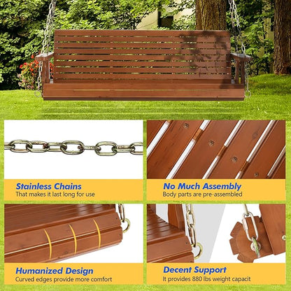 VINGLI Upgraded Patio Wooden Porch Swing for Courtyard & Garden, Heavy Duty 880 LBS Swing Chair Bench with Hanging Chains for Outdoors (Brown, 5 FT)