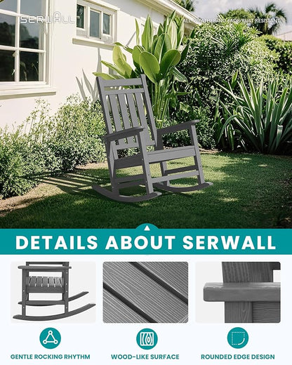 SERWALL Oversized Outdoor Rocking Chair Set of 4, HDPE Rocker for Adults, Patio Rocking Chairs for Porch, Grey