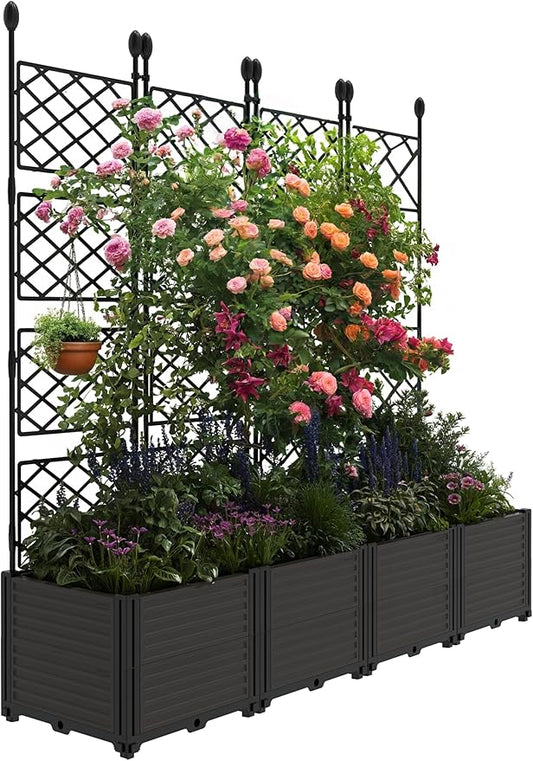 4 PCS Raised Garden Bed with Trellis, 65" LX16 WX63 H Plastic Planter Box for Climbing Plants, Outdoor Vertical Garden with Privacy Screen for Patio, Balcony, Backyard – Sturdy & Lightweight