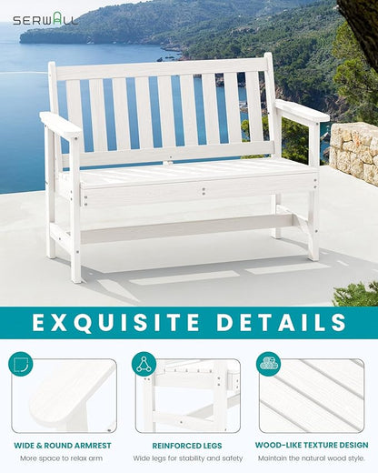 SERWALL Outdoor Bench, HDPE Outdoor Benches Weatherproof, 2-Person Garden Bench with 660 lbs Weight Capacity, Patio Benches for Outdoors, Garden, Porch, Backyard and Park, White, 2 Pack