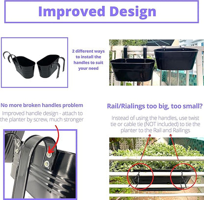 LaLaGreen Rail Planter Outdoor Plants (11.8 Inch, 2 Pack) Black Metal Iron Fence Hanging Flower Pots Deck Railings Buckets Countryside Boho Style Wall Mount Window Box Plant Holder Hooks Porch Decor