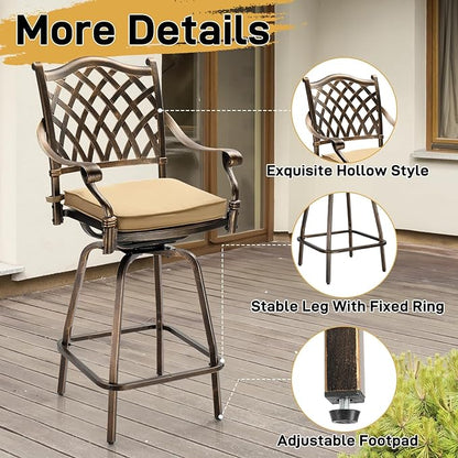 VINGLI Outdoor Swivel Bar Stools Set of 2, Cast Aluminum All-Weather Patio Bar Height Chairs, Patio Bar Dining Chairs Outdoor Swivel Patio Furniture (Grid Back)