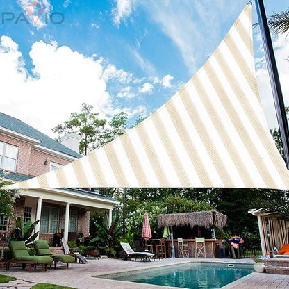 Patio Paradise 10' x 10' x 10' Sun Shade Sail Triangle Canopy Shade Cloth Fabric Sunlight Block Patio Pergola Cover HDPE Deck Awning for Outdoor Backyard Roof Shading, Beige White Strip