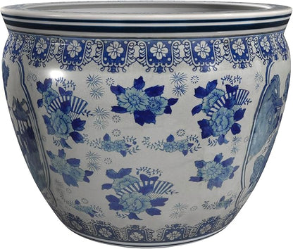 Red Lantern Large 20" Ladies Blue & White Porcelain Fishbowl Planter or Cachepot for Indoor/Outdoor Use in Garden Entryway Living Room Boho Eclectic Modern Contemporary Classic Traditional Style Decor
