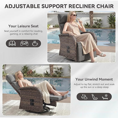 3 Pieces Zero Gravity Patio Swivel Rocking Recliner Chairs Set of 2 - Wicker Outdoor Lounge Chair with Side Table, Adjustable Backrest & Footrest, High Back Outdoor Recliner Chair for Pool Deck Gray