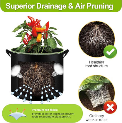 6-Pack 5/7/10 Gallon Grow Bags - 300G Heavy Duty Aeration Fabric Pots with Handles,Thickened Nonwoven Planter Bags for Vegetables Flowers Fruits