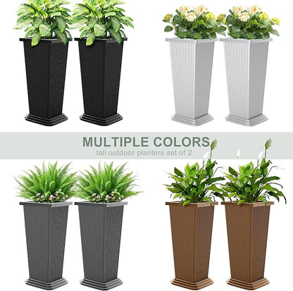 Set of 2 Tall Planters with Drainage Tray, 24 Inch Large Flower Pots for Indoor Outdoor Plants Mordern Planter Weather-Resistant for Patio, Front Door Decor, Garden (Gray Ribbed)