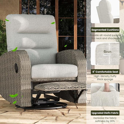 LayinSun Oversized Wicker Outdoor Swivel Glider Recliner with Adjustable Backrest & Footrest, Patio Reclining Lounge Chair - Set of 2