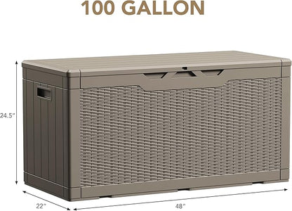 Devoko 100 Gallon Waterproof Large Resin Deck Box Indoor Outdoor Lockable Storage Container for Patio Furniture Cushions Garden Tools (100 Gallon, Light Brown)