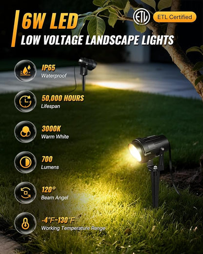 6W 700LM Low Voltage Landscape Lighting, 12V AC/DC 3000K Warm White LED Low Voltage Landscape Lights, IP65 Waterproof Outdoor Spotlights with Connectors for Garden Tree Yard 4 Pack W01SLP406