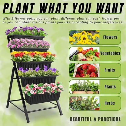 Homdox 3.74FT Vertical Garden Bed, 5 Tiers Vertical Raised Garden Planter, 23 * 26 * 45Inch Outdoor Garden Raised Bed with 4 Hooks, Vegetable Flower Planter Raised Stand for Garden Patio Yard, Black