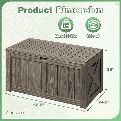 Greesum Outdoor Storage Box 120 Gallon Storage Bin with Lid for Patio Furniture, Garden Tools, Pool Supplies, Lockable, Waterproof and UV Resistant, Coffee