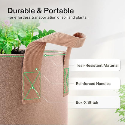 VIVOSUN 5-Pack 15 Gallons Grow Bags Heavy Duty Thickened Nonwoven Fabric Pots with Strap Handles Tan