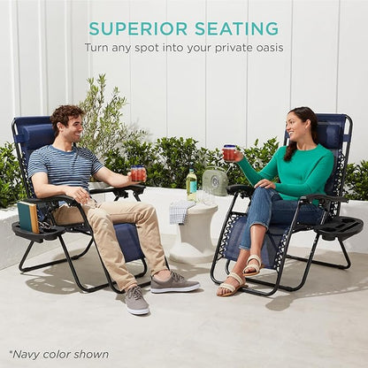 Best Choice Products Set of 2 Adjustable Steel Mesh Zero Gravity Lounge Chair Recliners w/Pillows and Cup Holder Trays - Snow/Black