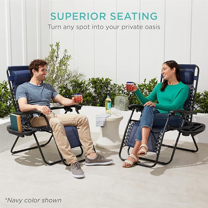 Best Choice Products Set of 2 Adjustable Steel Mesh Zero Gravity Lounge Chair Recliners w/Pillows and Cup Holder Trays - Light Blue