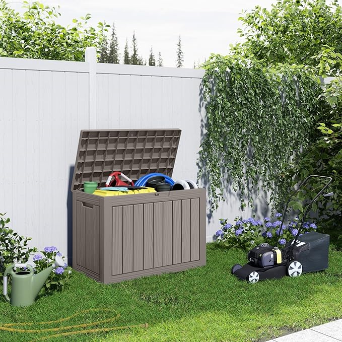45 Gallon Resin Deck Box, Lockable Patio Outdoor Storage Box for Furniture, Garden Tools and Tools Storage, Waterproof Outside Storage Boxes - Grey