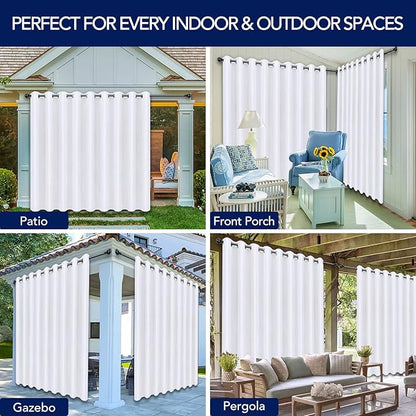PureFit Outdoor Curtains for Patio Waterproof Weatherproof, UV Resistant Outside Curtains for Gazebo, Front Porch, Pergola, Sun Blocking Privacy Curtain, 150W x 95L inch, 1 Panel, White