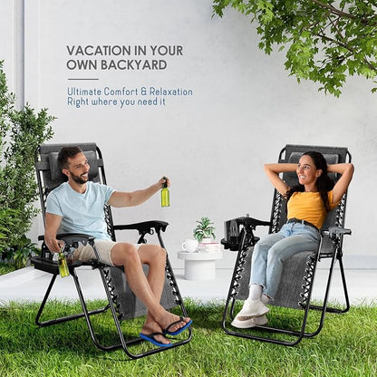 Nestl Zero Gravity Chairs Set of 6, Patio Lounge Chair Outdoor with Pillows & Cup Holder Trays, Adjustable Steel Mesh Reclining Camping Chair, Folding Patio Lawn Chair for Deck, Beach, Yard - Grey