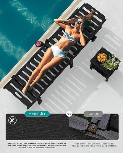 SERWALL Outdoor Chaise Lounge Set of 8, HDPE Pool Lounge Chairs with 5-Position Adjustable Backrest, Patio Loungers with Rolling Wheels & Cup Holder for Pool Sunbathing, Black
